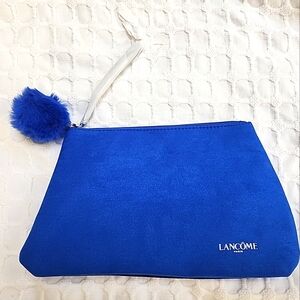 New Lancome Paris Faux Suede Blue Cosmetic Pouch w/ PomPom